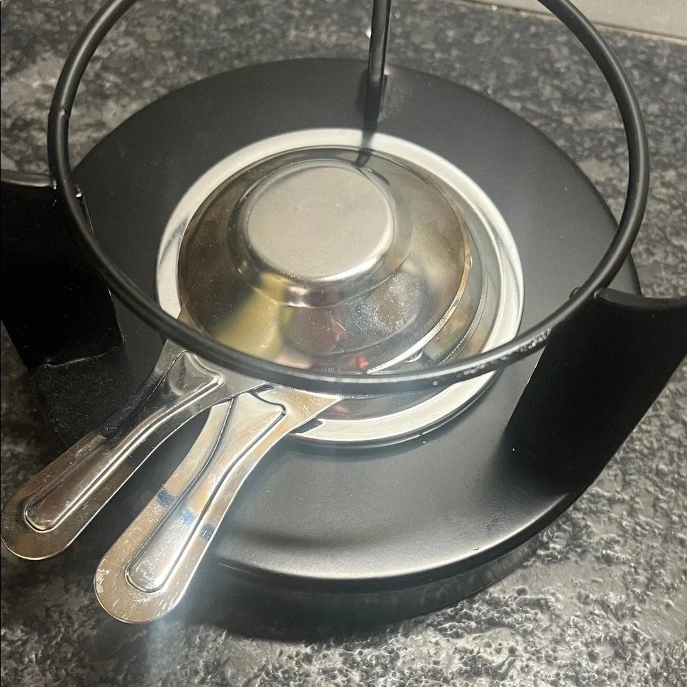 Vintage Red Fondue Set with 4 Forks. Fuel burning. New inbox.